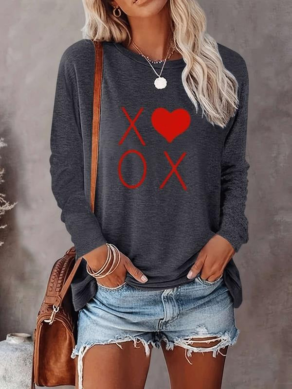 Women's Valentine's Day Casual Heart Pattern Xoxo Letter Print Round Neck Long Sleeve Slim Fit Women's Tee Shirt,...
