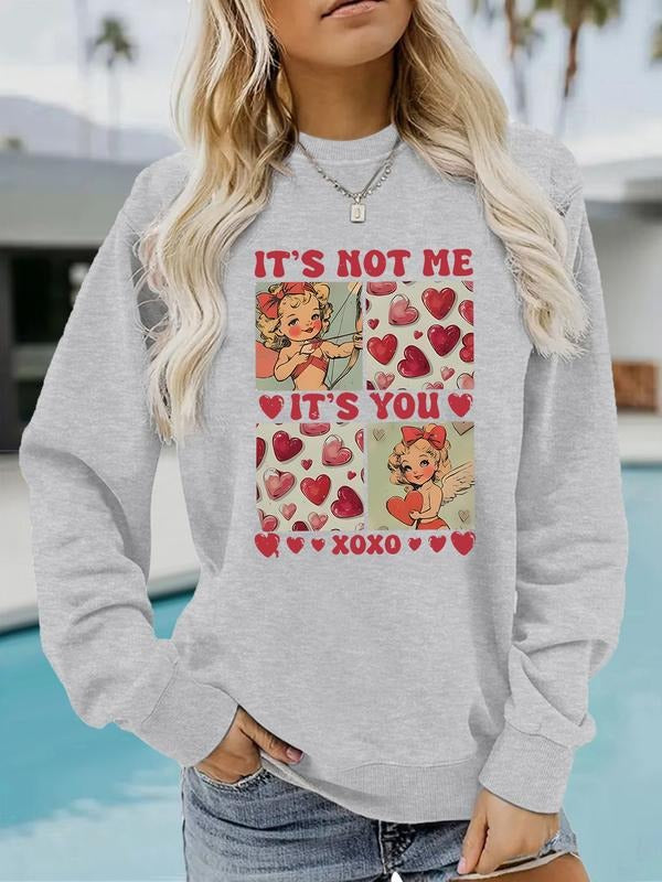 Women's Valentine's Day Cupid Heart Print Round Neck Sweatshirt, Casual Fitted Pullover, All Seasons Comfort T-Shirts, Hoodie