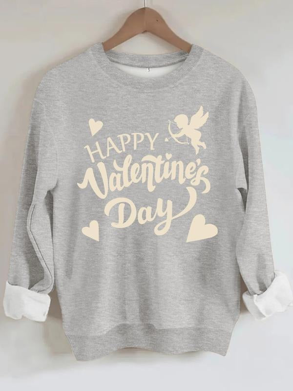Women's Valentine's Day Heart & Cupid Print Sweatshirt, Casual Round Neck Pullover, Medium Stretch, All-Season Comfort...