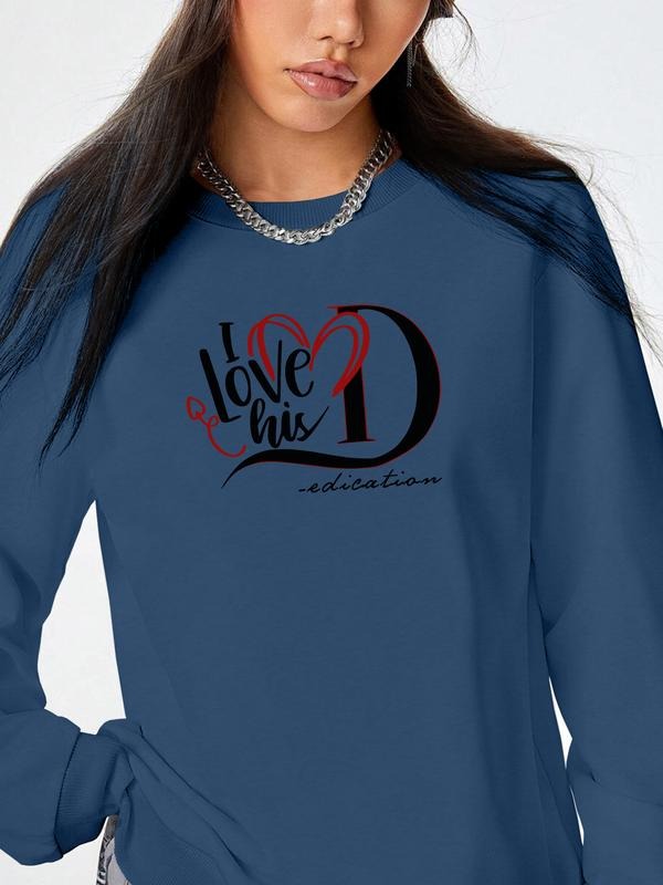 Women's Valentine's Day Letter Heart Print Long Sleeve Round Neck Pullover Sweatshirt, Casual Fitted Design, Fall &...