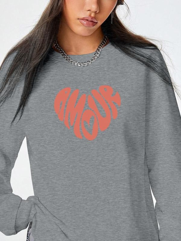 Women's Valentine's Day Letter Heart Print Long Sleeve Round Neck Pullover Sweatshirt, Casual Fitted H-Type Design, 9...