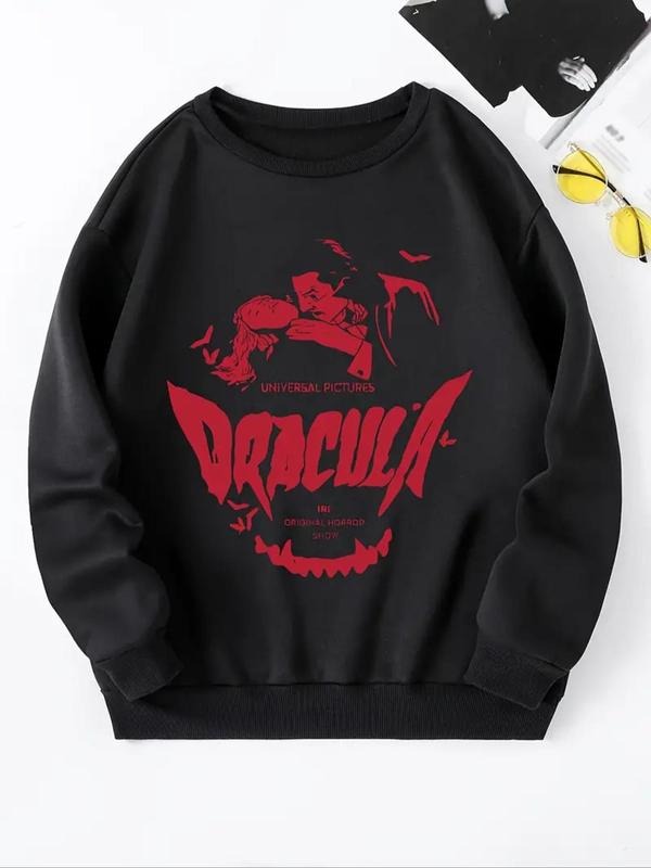 Women's Vampire & Letter Print Round Neck Sweatshirt, Casual Drop Shoulder Long Sleeve Pullover, Women's Fall & Winter...