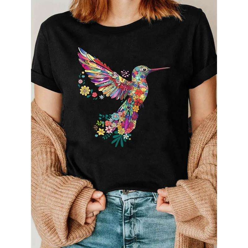Women's Vibrant Hummingbird & Floral Print T-Shirt