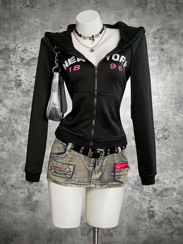 Women's Vintage Casual Zip Hoodie, Loose Fit Long Sleeve, New York Letter Print, Perfect for Fall & Winter, Y2K Gothic...