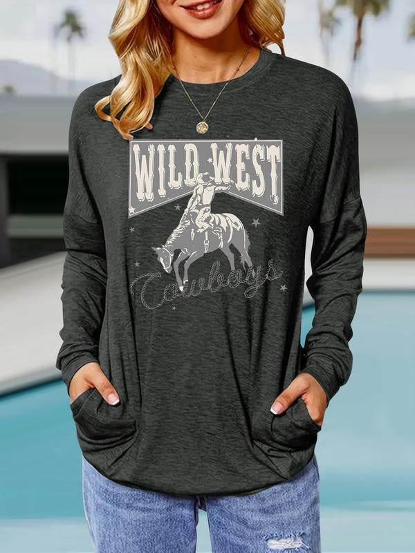 Women's Vintage Denim Print Round Neck Long Sleeve Pullover, Casual Loose Fit T-Shirt for Spring & Fall, Comfortable...