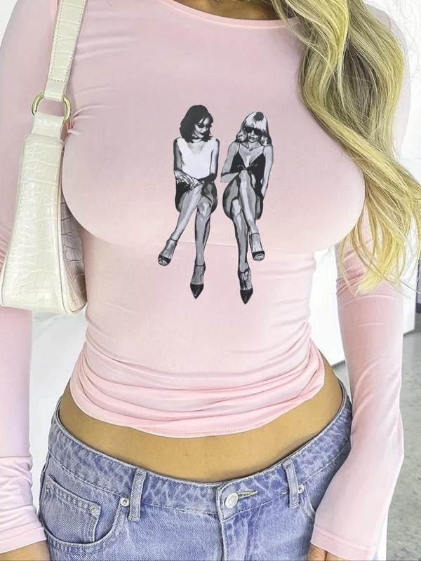 Women's Vintage Figure Print Round Neck Tee, Casual Long Sleeve T-shirt for Daily Wear, Ladies Clothes for All Seasons...