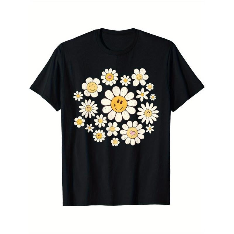 Women's Vintage Floral joyful Face Print T-Shirt