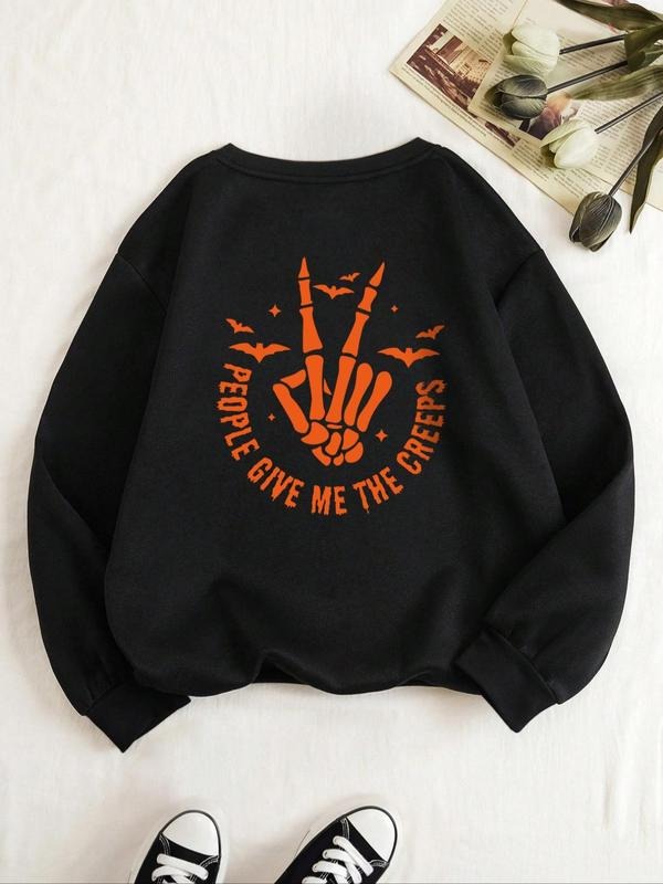 Women's Vintage Graphic Black Crew Neck Sweatshirt, Trendy Casual Skeleton & Letter Print Long Sleeve Pullover For Daily...