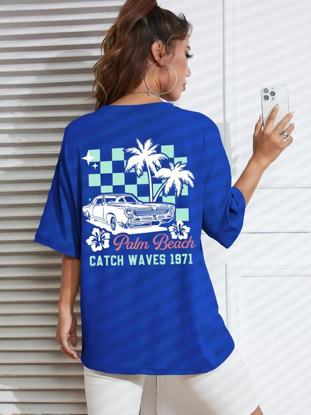Women's Vintage Letter & Palm Tree Print Round Neck Tee, Casual Crew Neck Half  Sleeve T-shirt for Summer, Fashion...