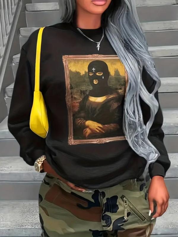 Women's Vintage Portrait Print Round Neck Sweatshirt, Casual Pullover with Details, Comfortable Fitted Daily Wear...