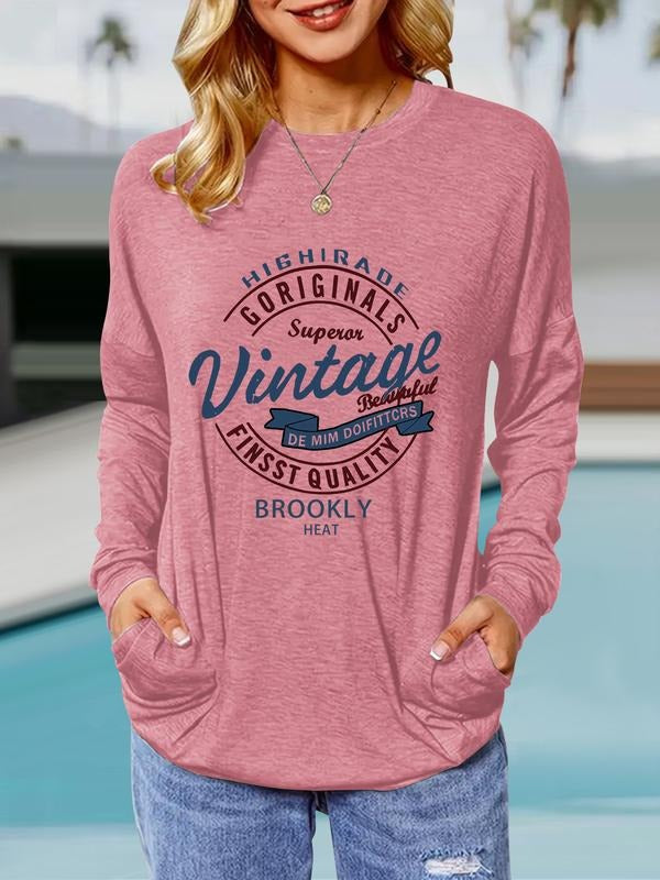 Women's Vintage Print Round Neck Long Sleeve Pullover, Casual Loose-Fit T-Shirt with Pockets, Comfortable Spring & Fall...
