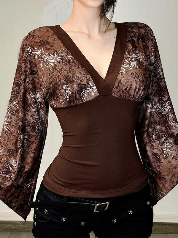 Women's Vintage Print V Neck Flounce Sleeve Top, Colorblock Patchwork T-Shirt for Fall Season, Casual Fashion Women...