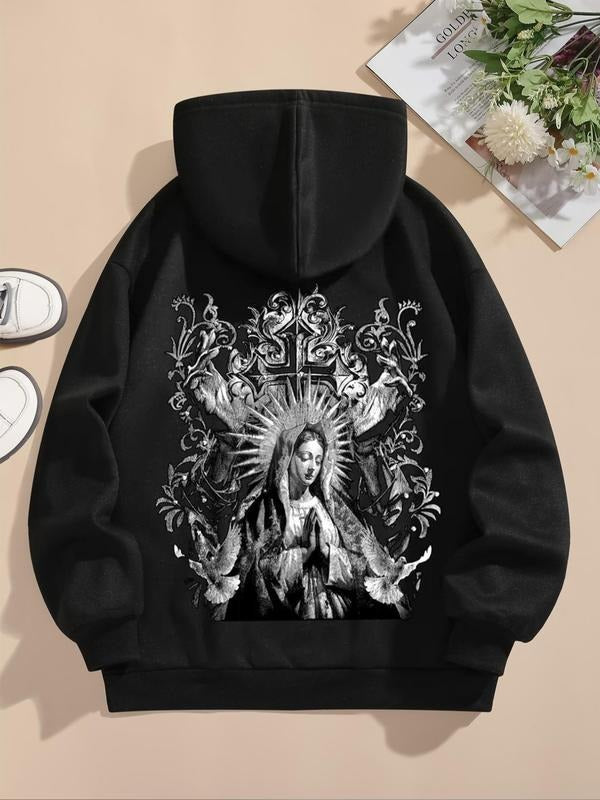 Women's Virgin Mary Print Drop Shoulder Drawstring Hoodie, Fashion Casual Pocket Hooded Sweatshirt for Daily Holiday...