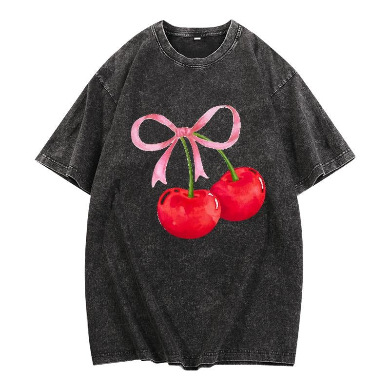 Women's Washed T - Shirt with an Adorable Cherry and Bow Design - A Retro