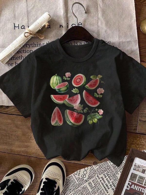 Women's Watermelon & Floral Print Round Neck Tee, Casual Short Sleeve Crew Neck T-shirt for Summer, Fashion Women's Top...