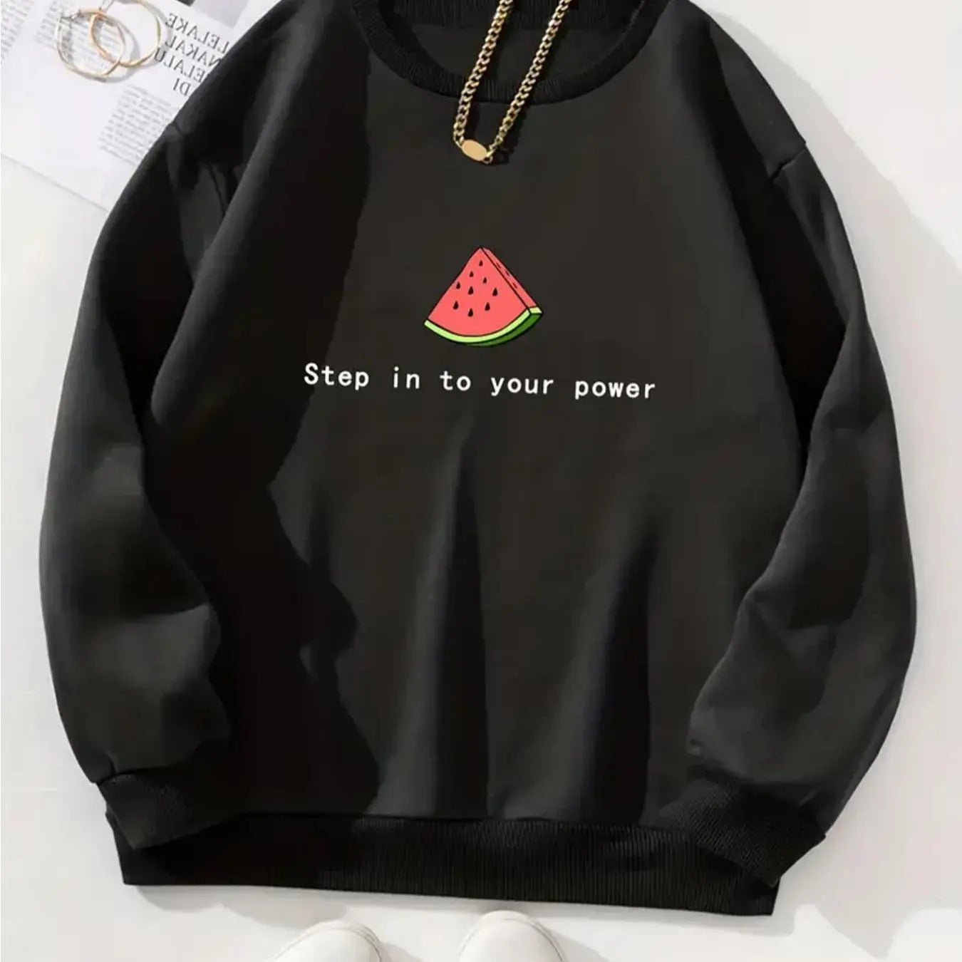 Women's Watermelon & Letter Print Drop Shoulder Sweatshirt, Casual Long Sleeve Round Neck Pullover for Fall & Winter,...