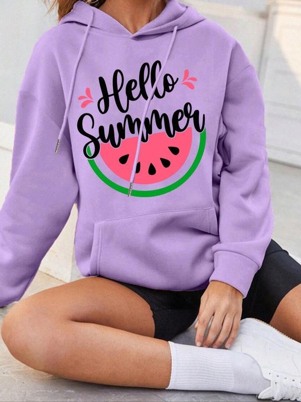 Women's Watermelon & Letter Print Drop Shoulder Thermal Lined Hoodie, Fashion Casual Drawstring Pocket Hooded Sweatshirt...