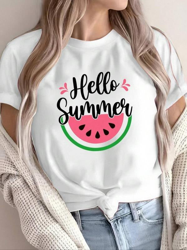 Women's Watermelon & Letter Print Round Neck Tee, Casual Short Sleeve Crew Neck T-Shirt for Summer, Fashion Women's Top...