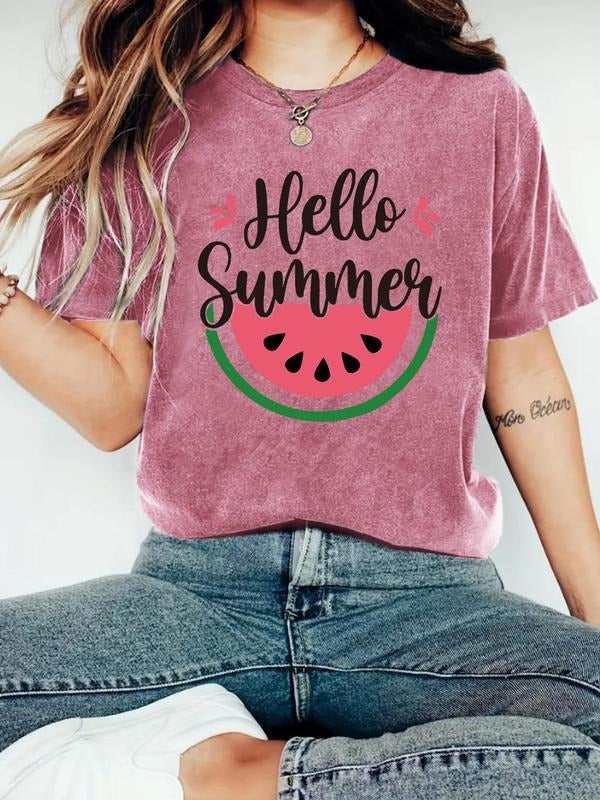 Women's Watermelon & Letter Print Round Neck Tee, Fashion Casual Crew Neck T-shirt for Daily Holiday Vacation Outdoor...