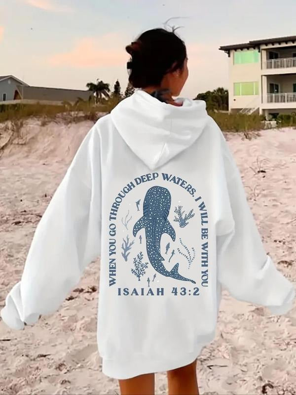 Women's Whale & Letter Print Drawstring Hoodie, Casual Long Sleeve Kangaroo Pocket Hooded Sweatshirt for Fall & Winter,...