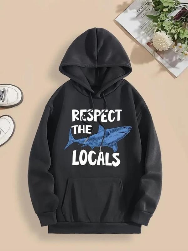 Women's Whale & Letter Print Drop Shoulder Hoodie, Fashion Casual Drawstring Pocket Hooded Sweatshirt for Daily Holiday...