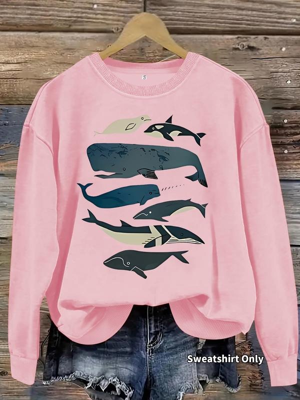 Women's Whale Print Crew Neck Sweatshirt, Casual Long Sleeve Pullover for Daily Wear, Ladies Fall & Winter Clothes,...