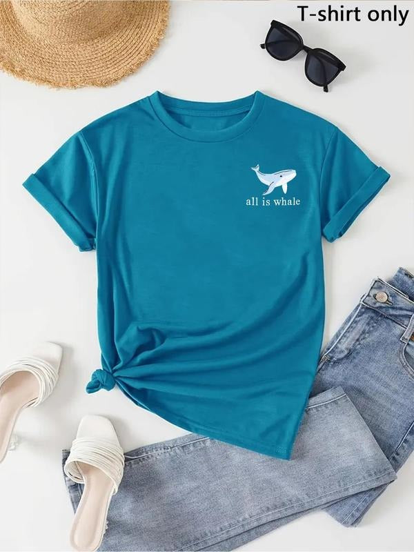 Women's Whale Print Round Neck Graphic Tee, Vintage Trendy Casual Short Sleeve T-shirt for Daily Wear, Ladies All Seasons...