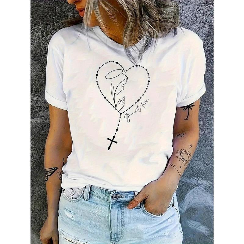 Women's White Cotton Graphic T-Shirt with Angel Wings Heart & Guardian Print