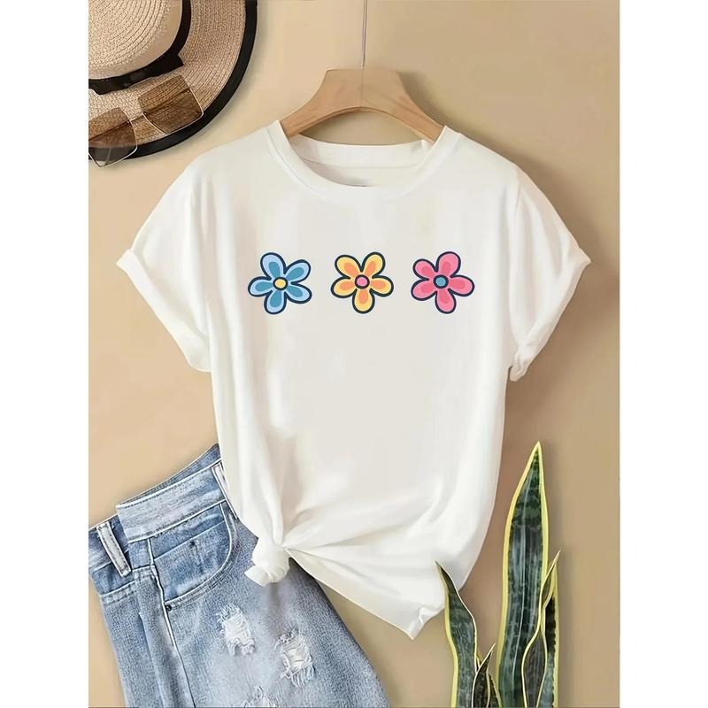 Women's White Cotton T-Shirt with Floral Print