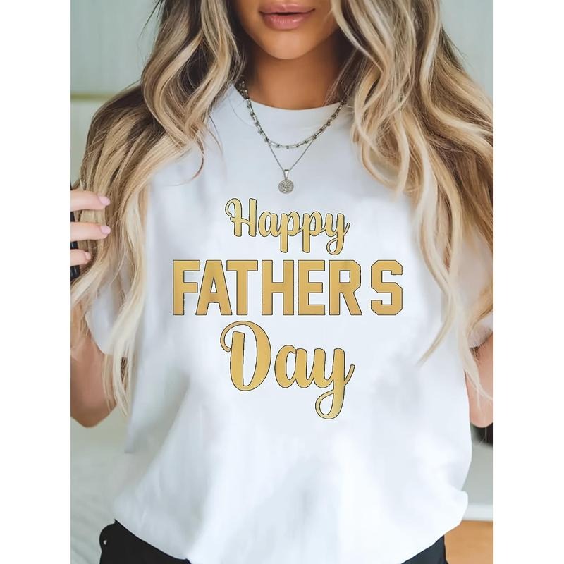 Women's White Father's Day Graphic T-Shirt - Comfortable Crew Neck Short Sleeve Tee with Bold Yellow "Happy Father's Day"...