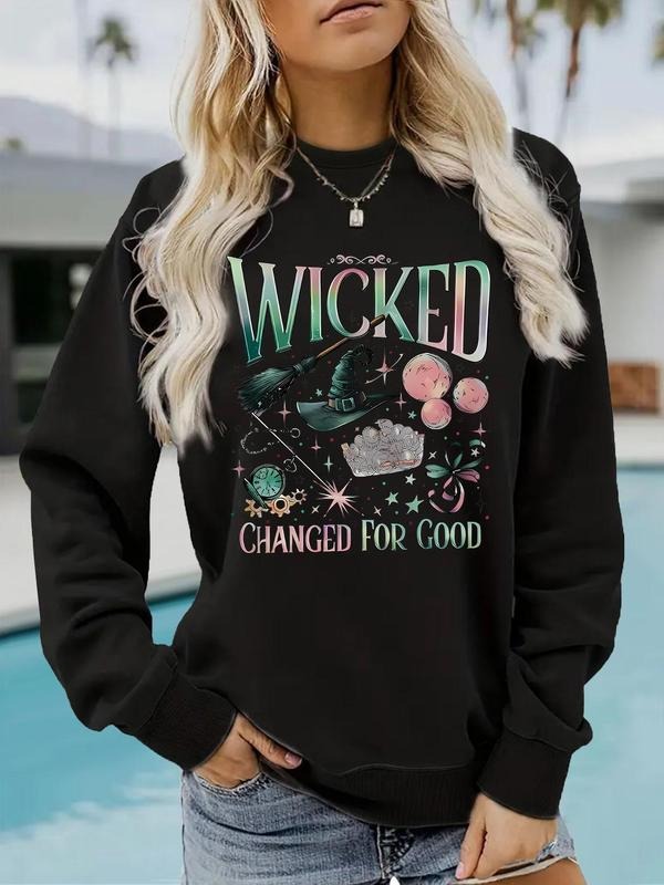 Women's Wicked Themed Print Crew Neck Sweatshirt, Casual Long Sleeve Pullover for Fall & Winter, Women's Clothes for...