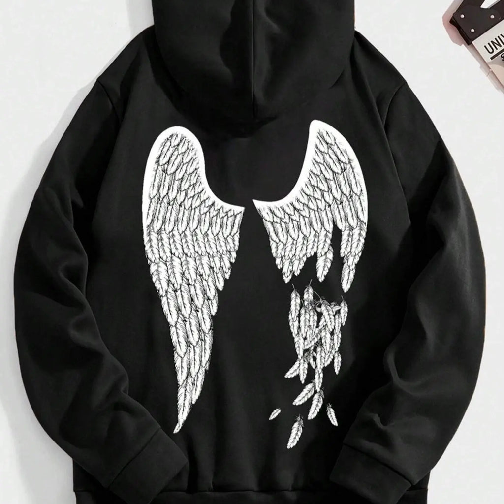 Women's Wing Print Drawstring Pocket Hoodie, Casual Long Sleeve Hooded Sweatshirt for Fall & Winter, Women's Clothes for...