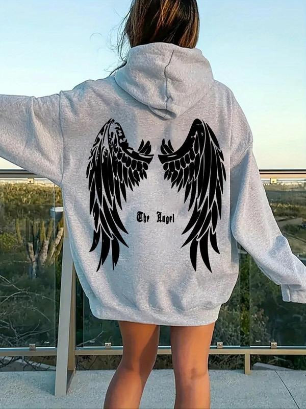 Women's Wing Print Hoodie, Casual Long Sleeve Hooded Sweatshirt for Fall & Winter, Women's Clothes for Daily Wear T-Shirts