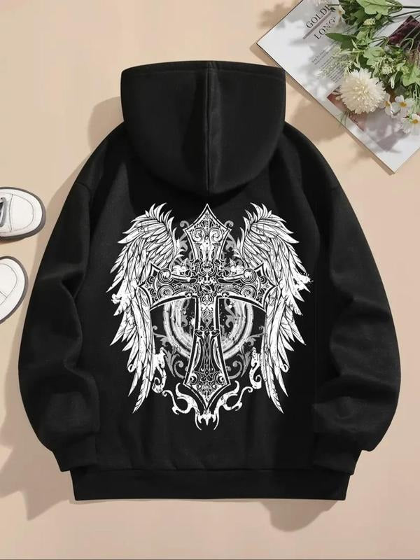 Women's Wings & Cross Print Drawstring Pocket Hoodie, Casual Drop Shoulder Long Sleeve Hooded Sweatshirt, Ladies Fall &...