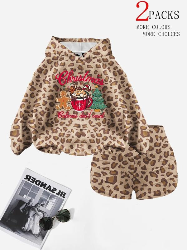 Women's Winter Hooded Sweatshirt Set, Leopard Christmas Print Drawstring Pullover, Casual Fashion Pocket Design, 2 Piece...