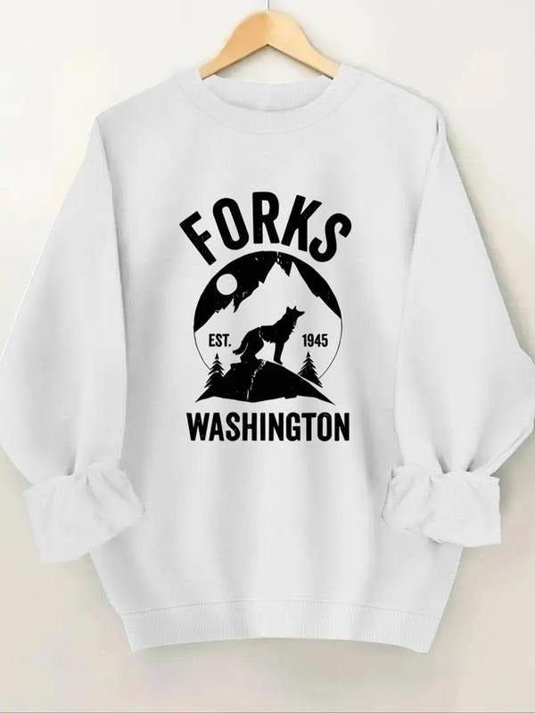 Women's Wolf & Letter Print Drop Shoulder Sweatshirt, Casual Long Sleeve Round Neck Pullover for Fall & Winter, Women's...