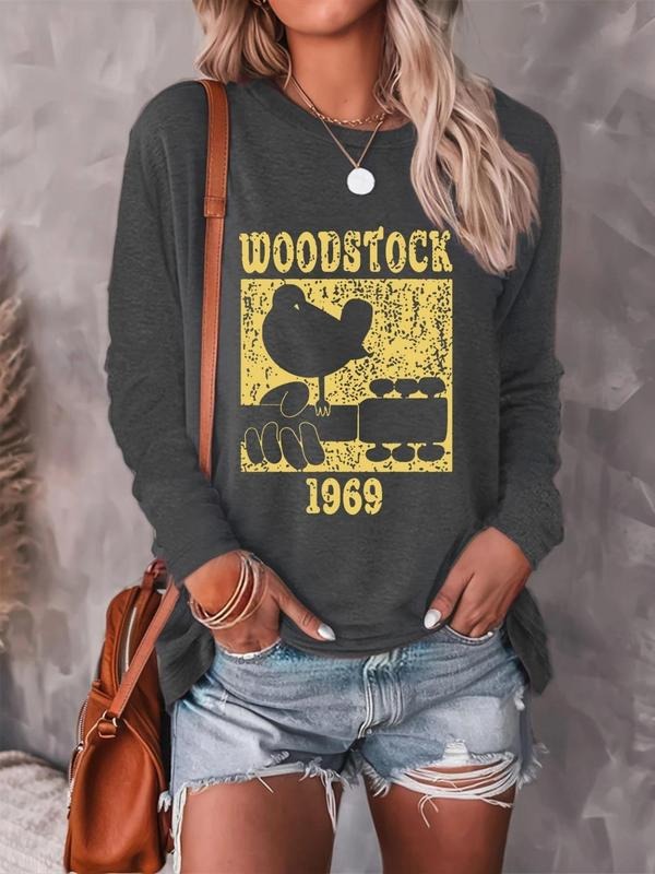 Women's Woodstock 1969 Print Round Neck Sweatshirt, Casual Long Sleeve Crew Neck Pullover for Spring & Fall, Fashion...