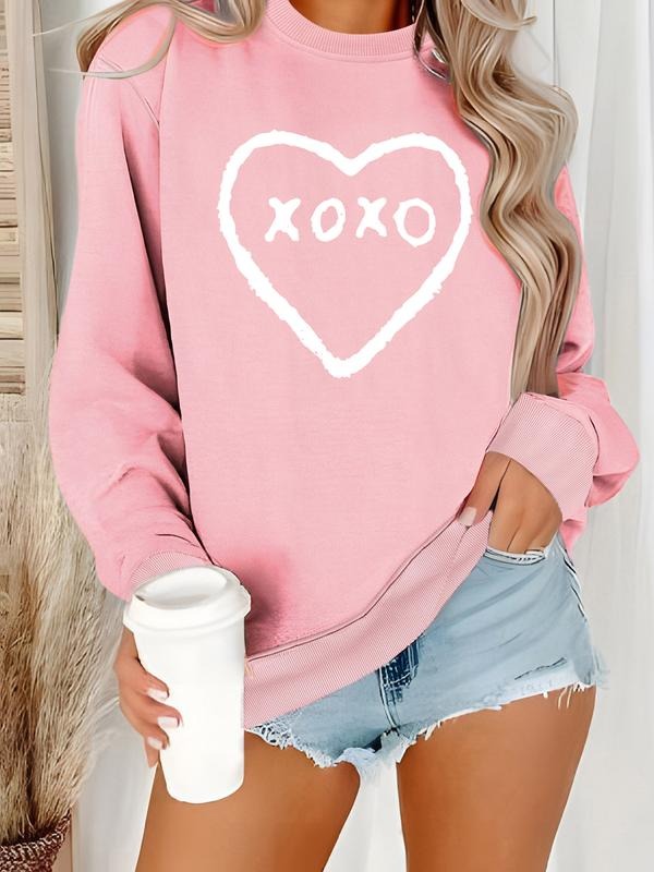 Women's Xoxo Valentine Print Round Neck Sweatshirt, Casual Fitted Pullover, All-Season Comfort, Easy Care Durable Fabric...