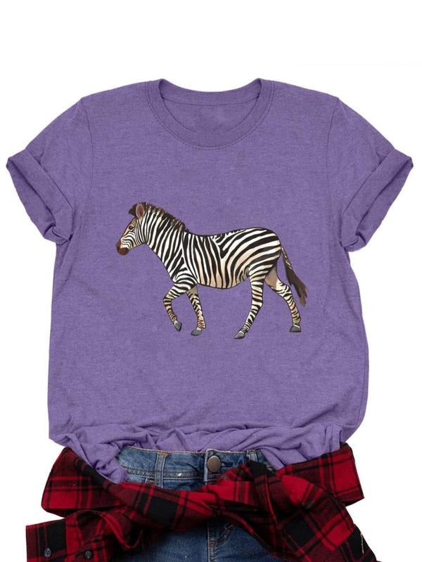 Women's Zebra Print Round Neck Tee, Fashion Casual Letter Graphic Crew Neck T-Shirt for Daily Holiday Vacation Outdoor...