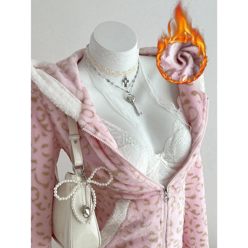 Women's Zip Up Fleece Hoodies Leopard Hooded Sweatshirts Fitted Jacket Fall Clothes T-Shirts | UrbanDripWear.com