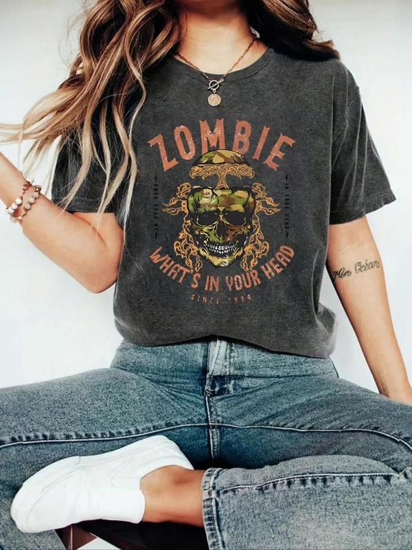 Women's Zombie Print Round Neck Graphic Tee, Vintage Trendy Casual Short Sleeve T-shirt for Daily Wear, Ladies Summer...