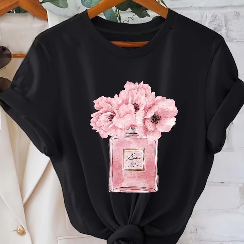 Women's floral print t-shirt, Parisian floral design, casual round neck short sleeve top, Suitable for daily wear in all...