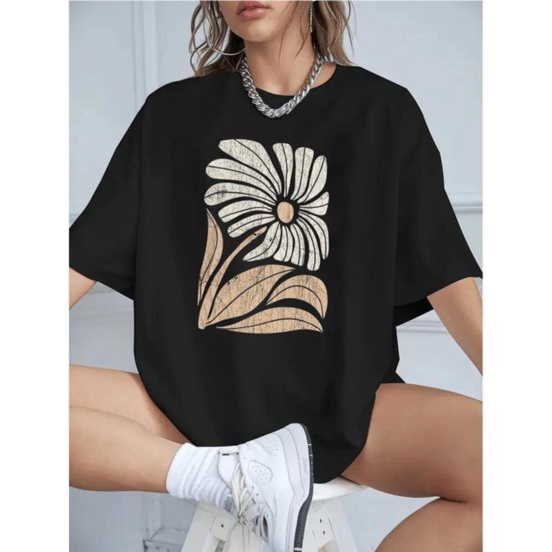 Women's pure cotton t-shirt with artistic floral print modern casual style soft and breathable fabric ideal for spring...