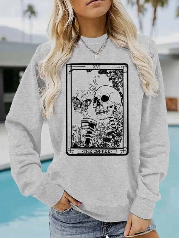 Women's the Coffee Skull Coffee Print Sweatshirt, Graduation Long Sleeve Top, Back-To-School Clothing, Teacher, Fall &...