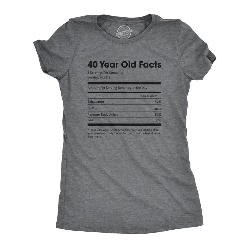 Womens 40 Year Old Facts Tshirt Funny Forties Nutrition Label Coffee Birthday Tee Funny Womens T Shirts Cute Slimming Top...