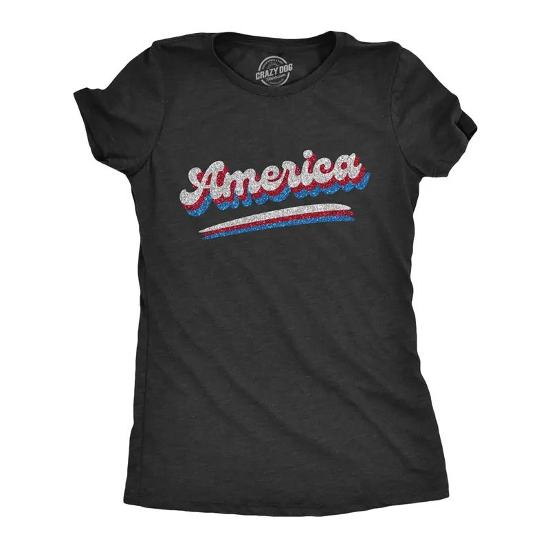 Womens America Retro Glitter T Shirt Cool Patriotic Fourth Of July Party Tee For Ladies Funny Womens T Shirts Cute...