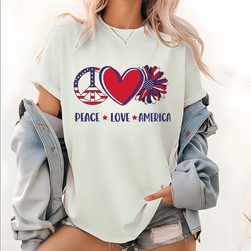 Womens American Flag July 4th Patriotic Print T-shirt, PEACE & LOVE & AMERICA Design Short Sleeve Tops, Patriotic Tee...