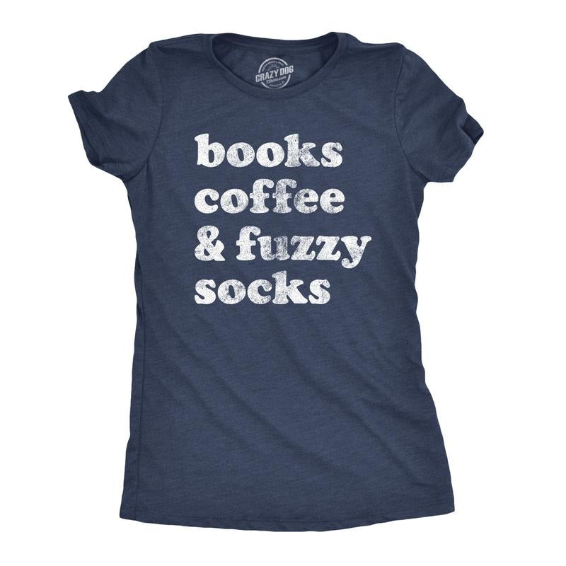Womens Books Coffee and Fuzzy Socks T shirt Funny Gift for Her Cottage Lake Tee Funny Womens T Shirts Cute Slimming Top...