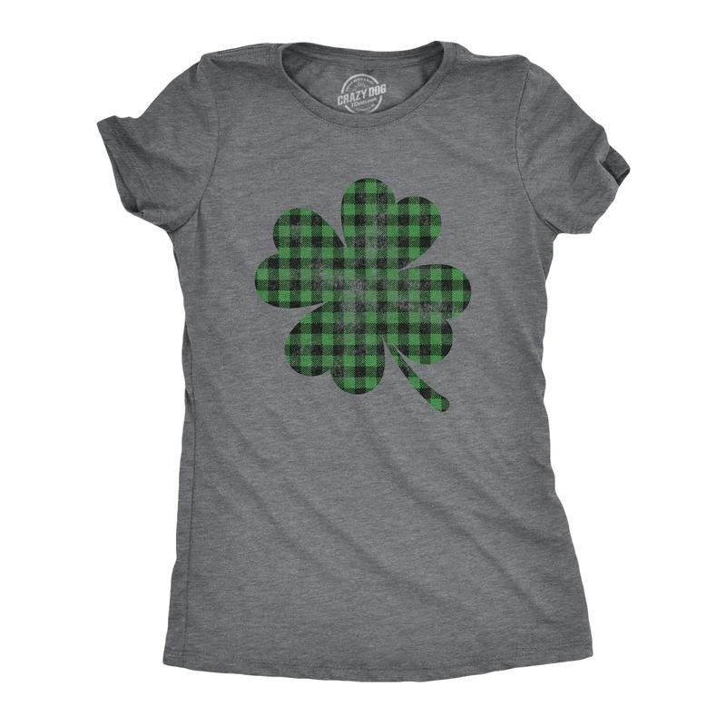 Womens Buffalo Plaid Shamrock T Shirt Funny Saint Patricks Day Lucky Irish Tee Funny Womens T Shirts Cute Slimming Top...