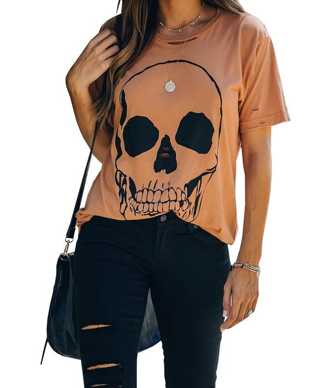 Womens Casual Summer Tops Loose Short Sleeve Tees Cute Crewneck Shirts Skull Distressed Tops(A-Orange,L) Hoodie, Sweatshirt